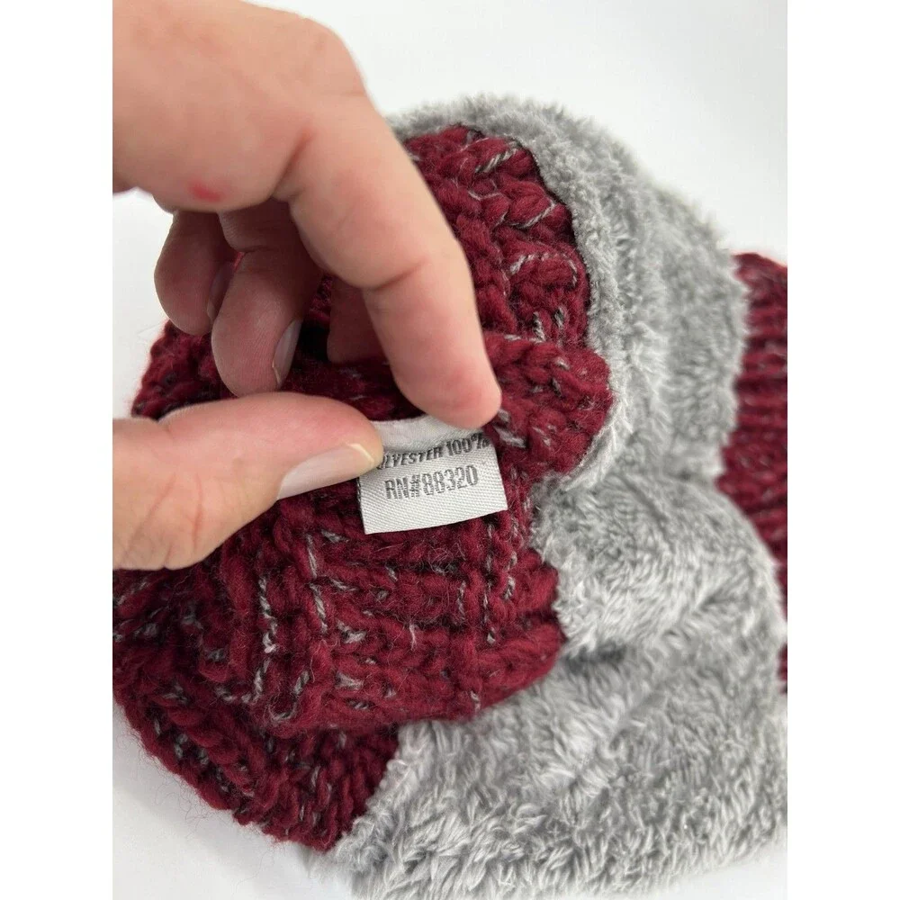 C.C Hat Beanie Womens One Size Red Knit Pom Fleece Lined Multicolor Cuff Winter